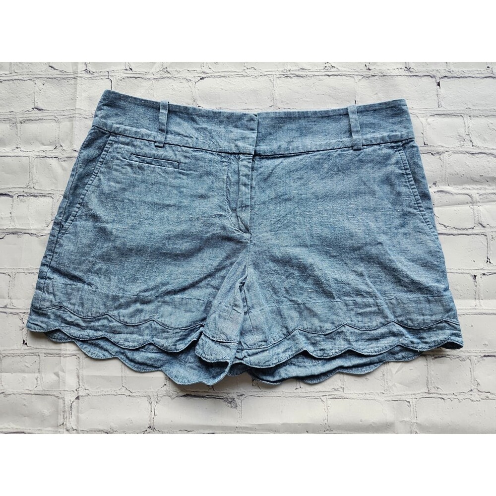LOFT Women’s Riviera Shorts Blue Chambray Linen Blend Scallop Hem Size 0‎